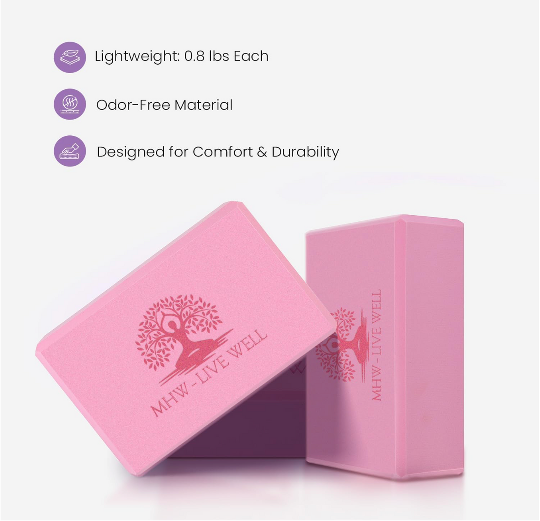 Live Well Pink Yoga Blocks (Set of 2) - EVA Foam Yoga Bricks for Support, Stretching & Alignment - Yoga Accessories for Home & Studio, 3x6x9 inches