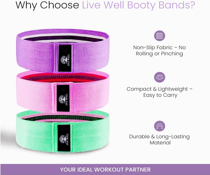 Live Well Booty Bands - 3 Resistance Bands Set for Women, Glutes Workout Equipment, Non-Slip Exercise Bands for Legs & Butt