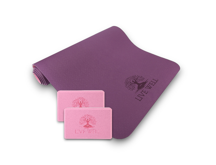 LIVE WELL Yoga Starter Kit - TPE Yoga Mat with Dual Color, and 2-Pack of Pink EVA Yoga Blocks