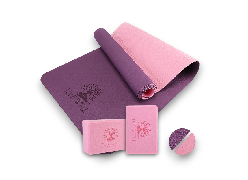 LIVE WELL Yoga Starter Kit - TPE Yoga Mat with Dual Color, and 2