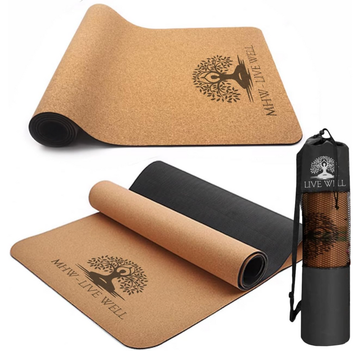 MHW - LIVE WELL Cork Yoga Exercise Mat | Natural Resists Sweat & Odors | Non-Slip TPE Yoga Mat | Extra Comfort for Hot Yoga, Pilates, and Workouts | 6mm Thick, Eco-Friendly