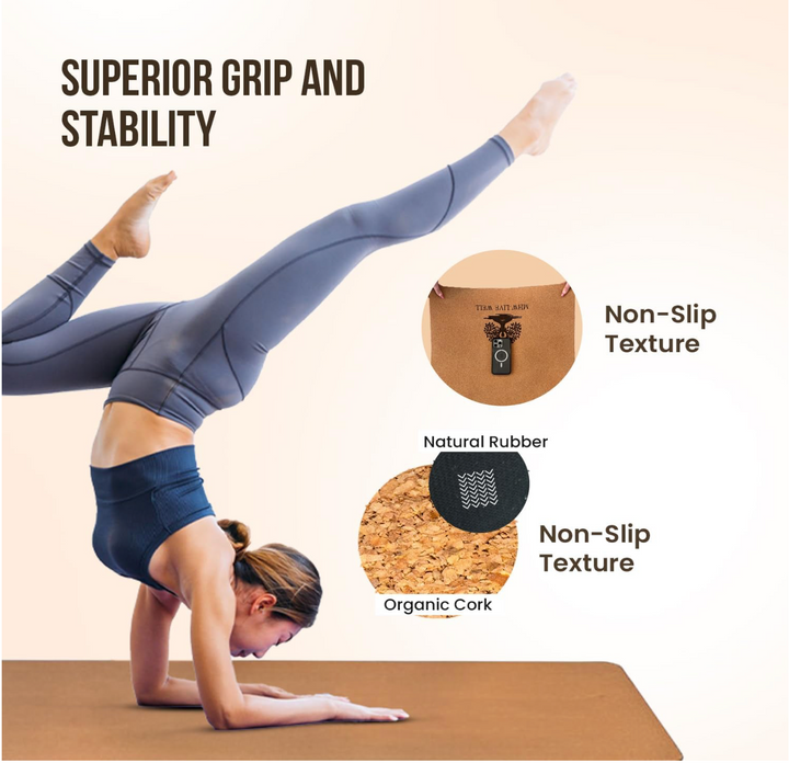 MHW - LIVE WELL Cork Yoga Exercise Mat | Natural Resists Sweat & Odors | Non-Slip TPE Yoga Mat | Extra Comfort for Hot Yoga, Pilates, and Workouts | 6mm Thick, Eco-Friendly