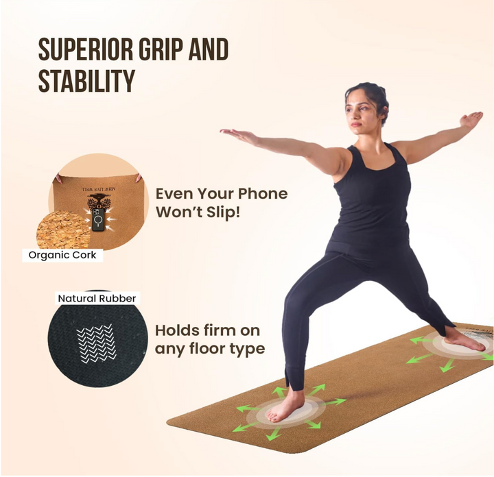MHW - LIVE WELL Cork Yoga Exercise Mat | Natural Resists Sweat & Odors | Non-Slip TPE Yoga Mat | Extra Comfort for Hot Yoga, Pilates, and Workouts | 6mm Thick, Eco-Friendly