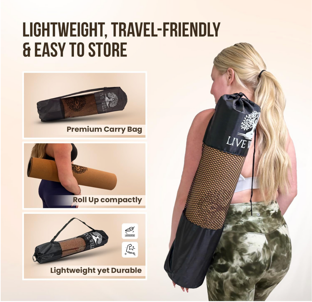 MHW - LIVE WELL Cork Yoga Exercise Mat | Natural Resists Sweat & Odors | Non-Slip TPE Yoga Mat | Extra Comfort for Hot Yoga, Pilates, and Workouts | 6mm Thick, Eco-Friendly