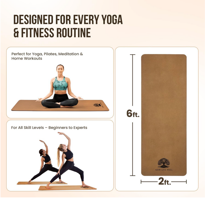 MHW - LIVE WELL Cork Yoga Exercise Mat | Natural Resists Sweat & Odors | Non-Slip TPE Yoga Mat | Extra Comfort for Hot Yoga, Pilates, and Workouts | 6mm Thick, Eco-Friendly