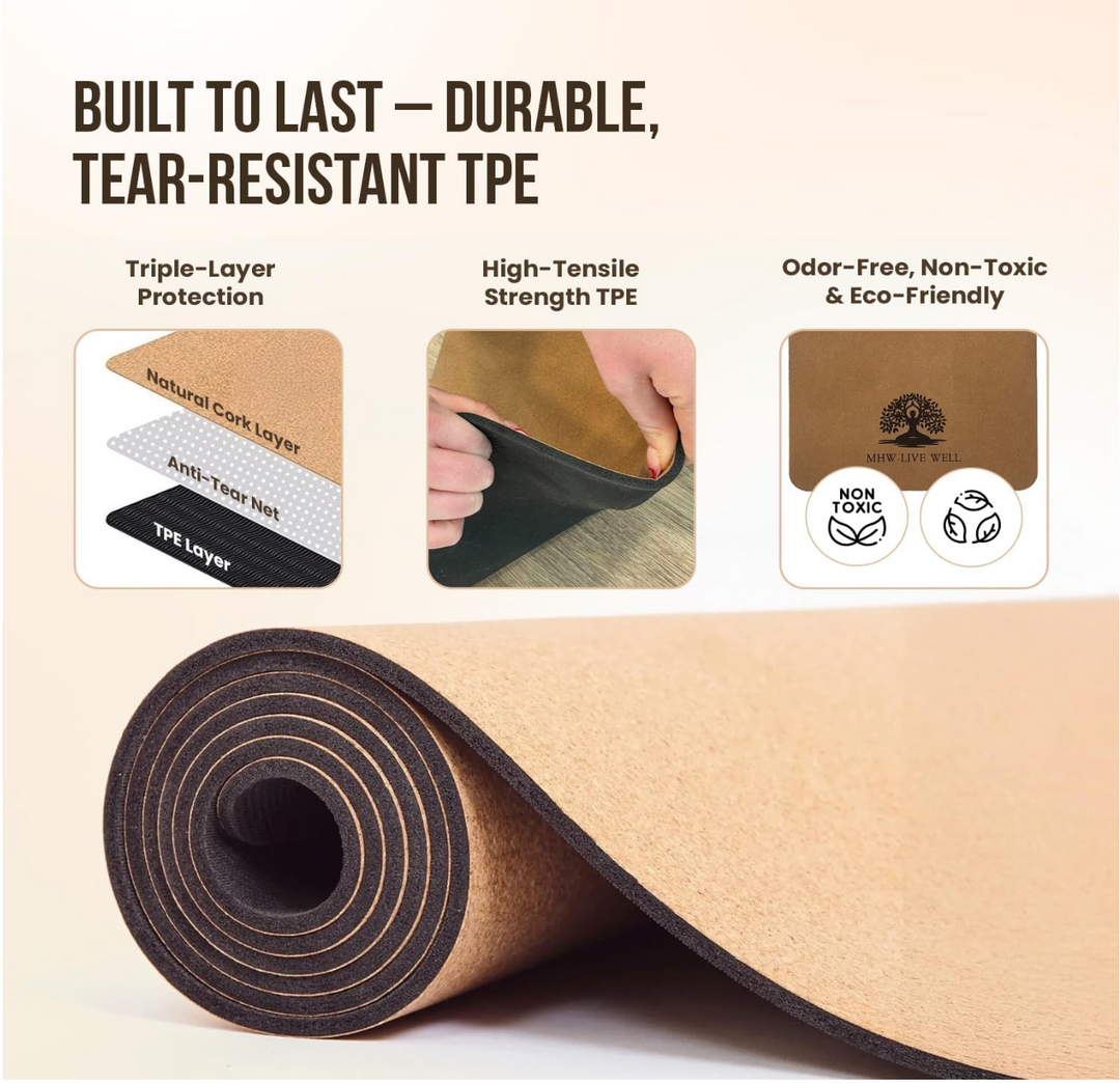MHW - LIVE WELL Cork Yoga Exercise Mat | Natural Resists Sweat & Odors | Non-Slip TPE Yoga Mat | Extra Comfort for Hot Yoga, Pilates, and Workouts | 6mm Thick, Eco-Friendly
