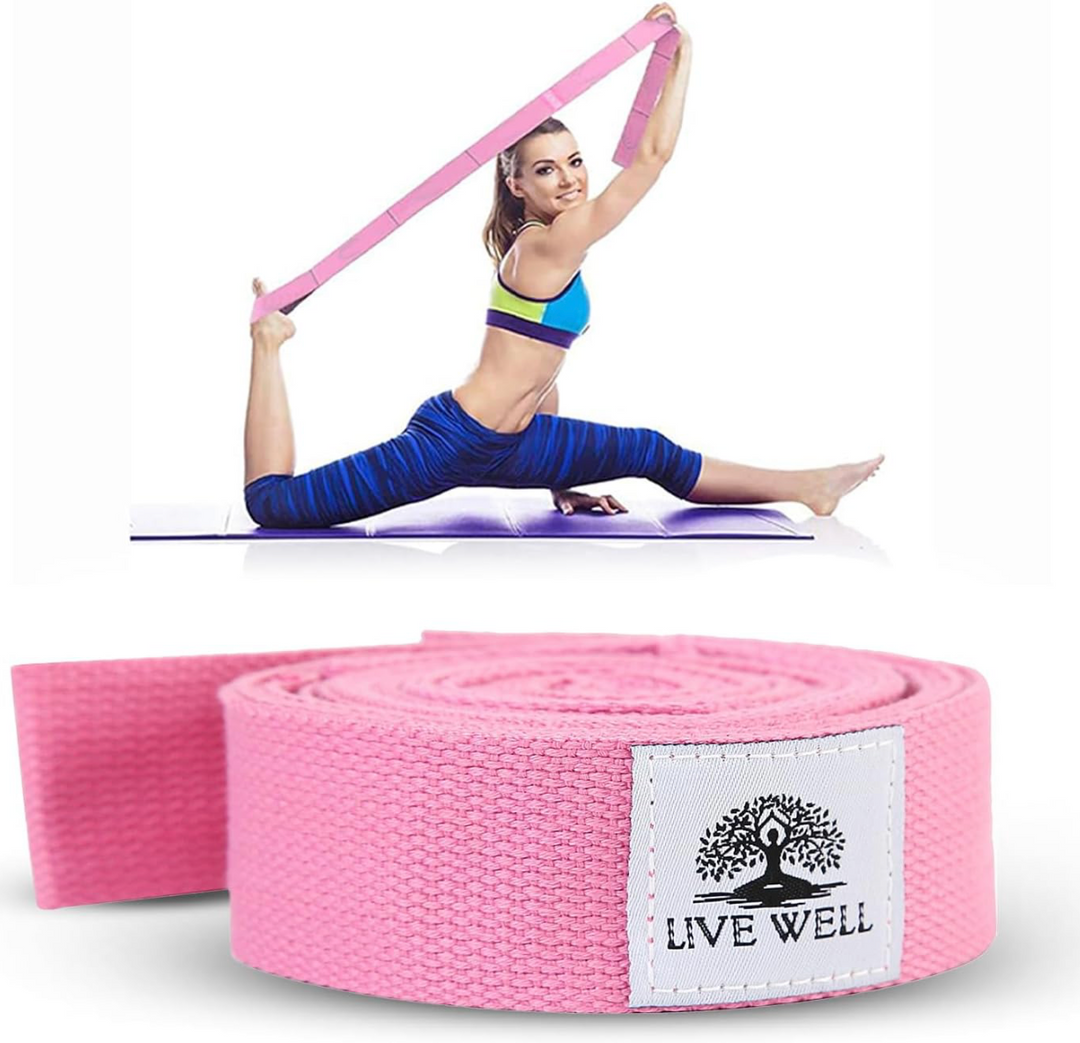 Live Well 8ft Yoga Strap with Loops - Pink Yoga Strap for Stretching, Flexibility, & Support - Yoga Accessories for Women - 9 Individual Grip Points