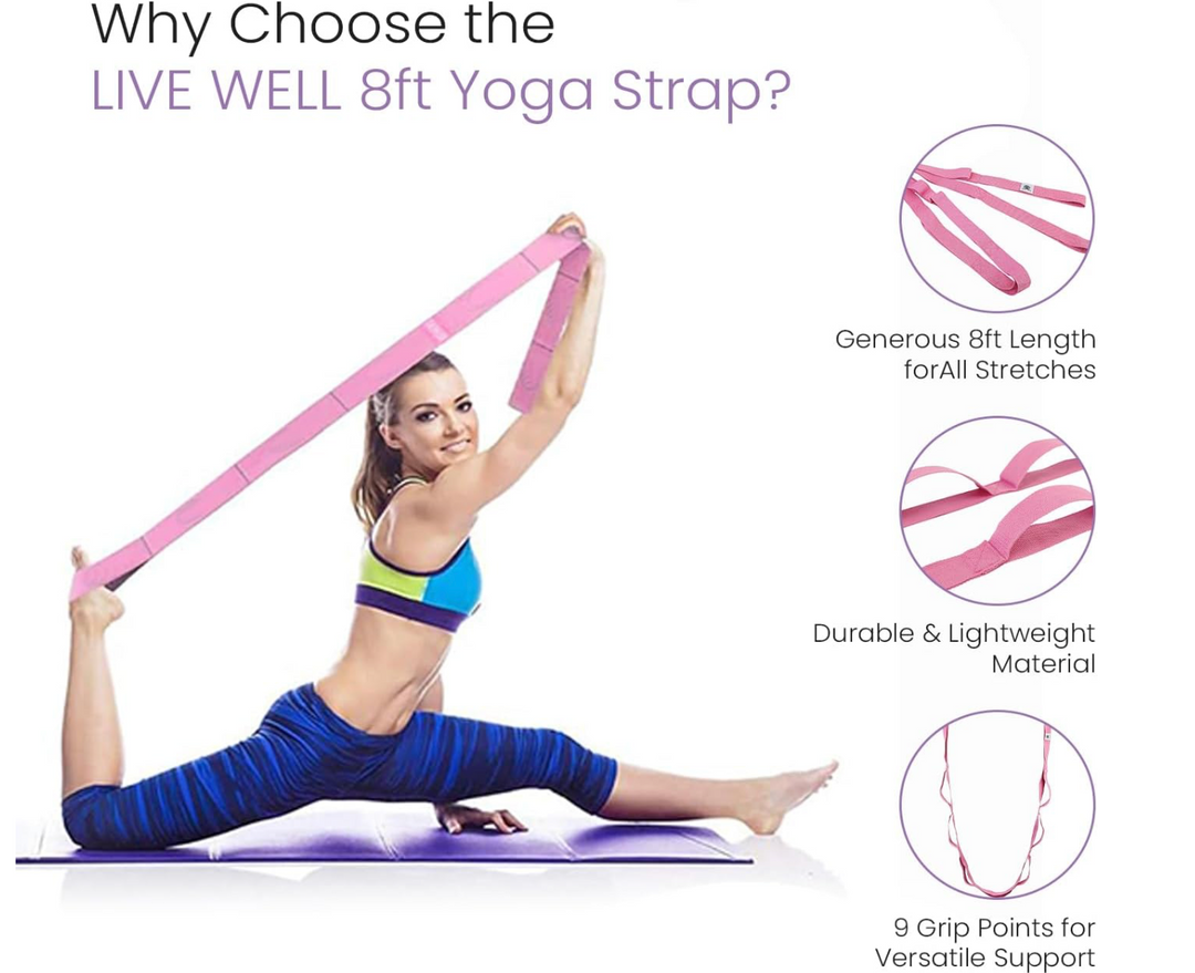 Live Well 8ft Yoga Strap with Loops - Pink Yoga Strap for Stretching, Flexibility, & Support - Yoga Accessories for Women - 9 Individual Grip Points