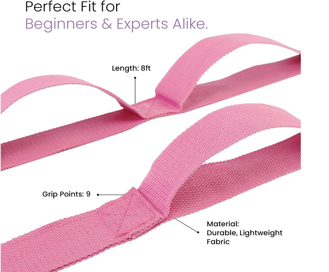 Live Well 8ft Yoga Strap with Loops - Pink Yoga Strap for Stretching, Flexibility, & Support - Yoga Accessories for Women - 9 Individual Grip Points