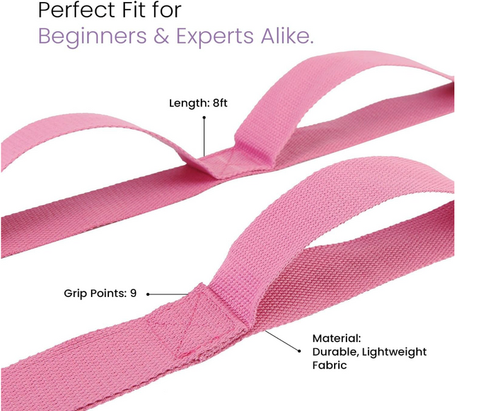 Live Well 8ft Yoga Strap with Loops - Pink Yoga Strap for Stretching, Flexibility, & Support - Yoga Accessories for Women - 9 Individual Grip Points