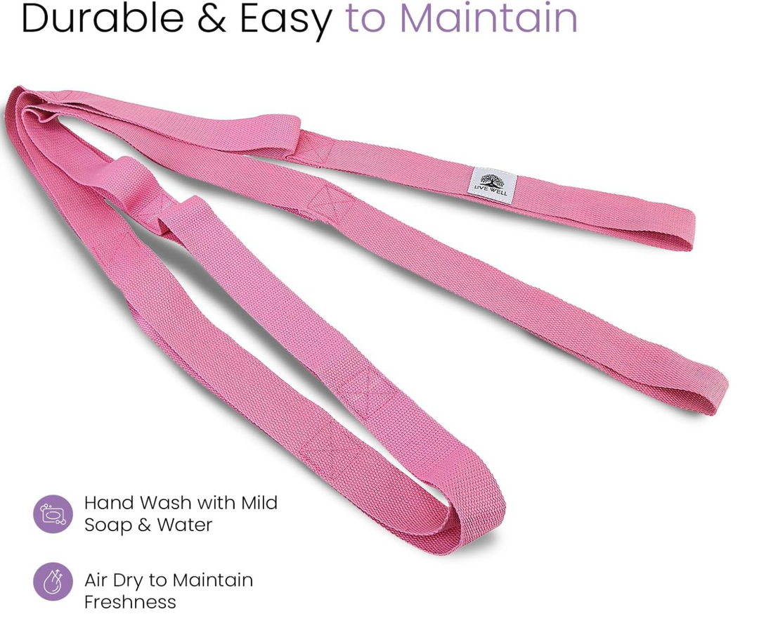 Live Well 8ft Yoga Strap with Loops - Pink Yoga Strap for Stretching, Flexibility, & Support - Yoga Accessories for Women - 9 Individual Grip Points
