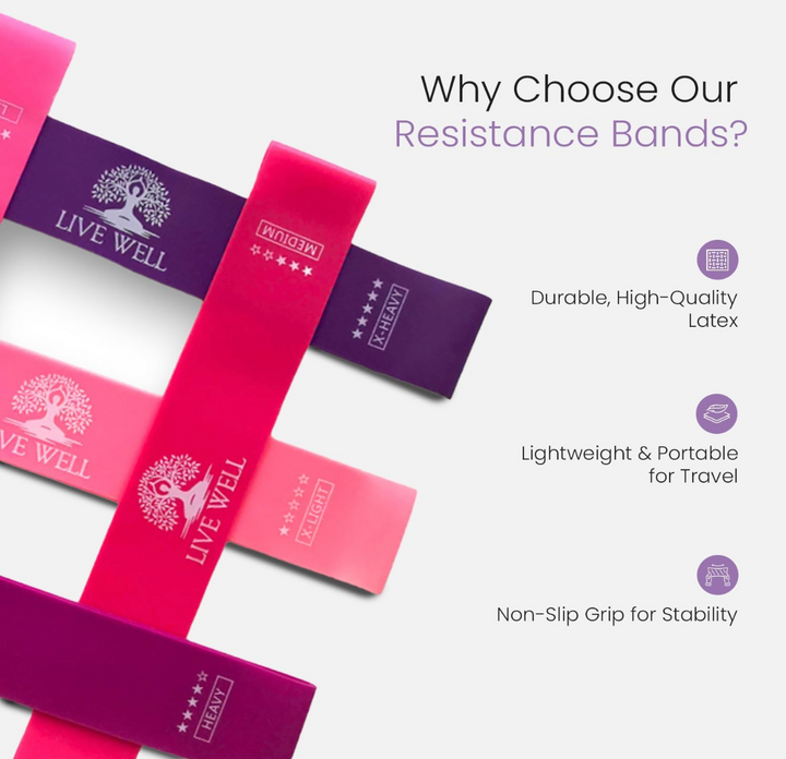 Live Well 5 Resistance Bands Set for Women - Elastic Exercise Bands, Booty Bands, Leg Bands, Glute Bands for Workout, Stretching, Pilates