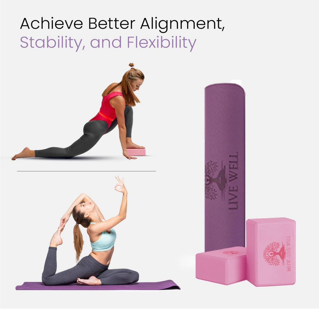 LIVE WELL Yoga Set for Women: 6mm Thick TPE Yoga Mat EVA Blocks, Pink Best Yoga Mat, Exercise Mat for Home Gym