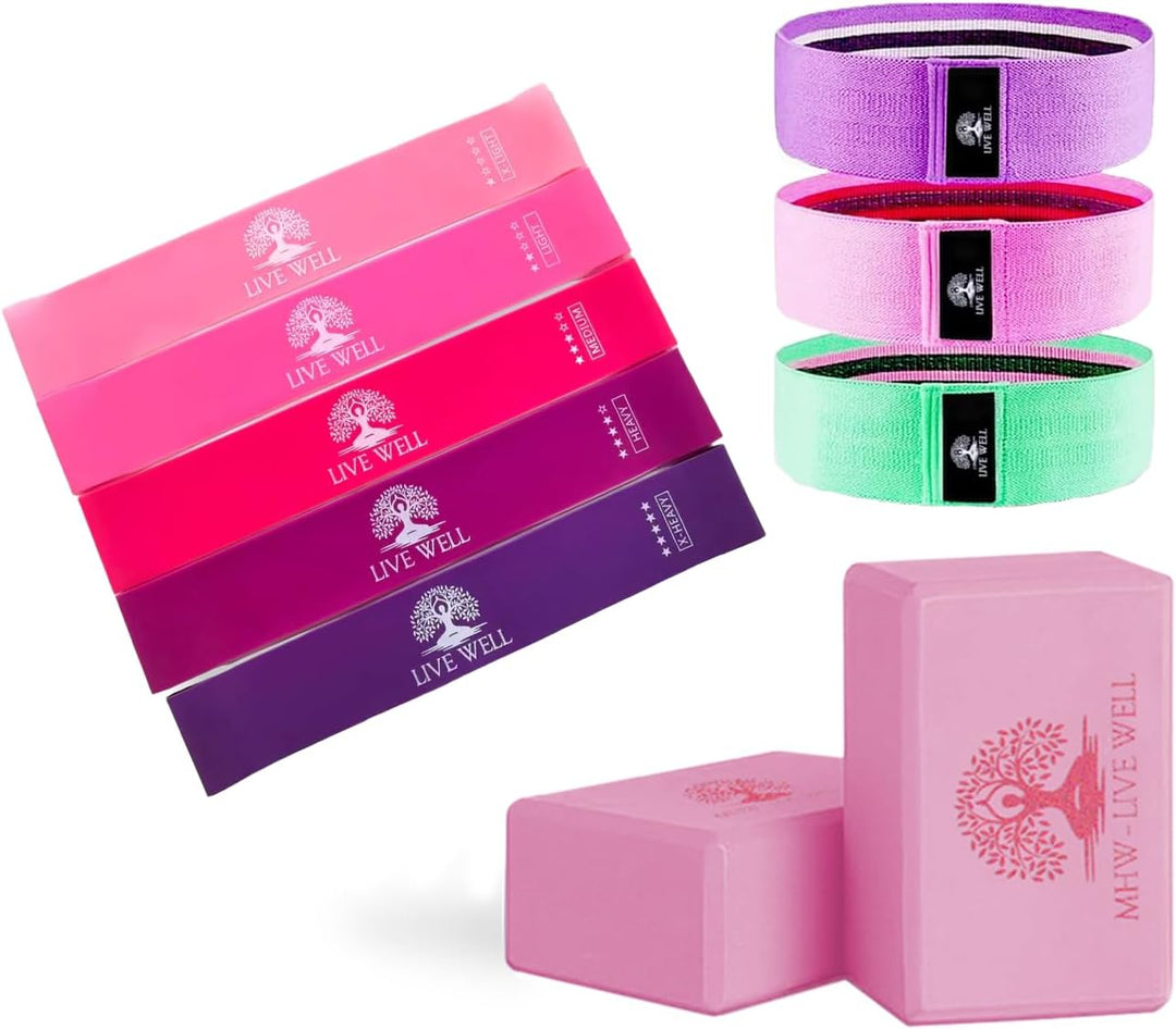 Strength & Flexibility Bundle – Live Well Resistance Bands Set, Booty Bands & EVA Yoga Blocks for Women – Home Workout, Pilates, Glute Training, Stretching & Yoga Accessories