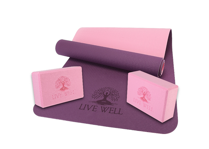 LIVE WELL Yoga Starter Kit - TPE Yoga Mat with Dual Color, and 2-Pack of Pink EVA Yoga Blocks